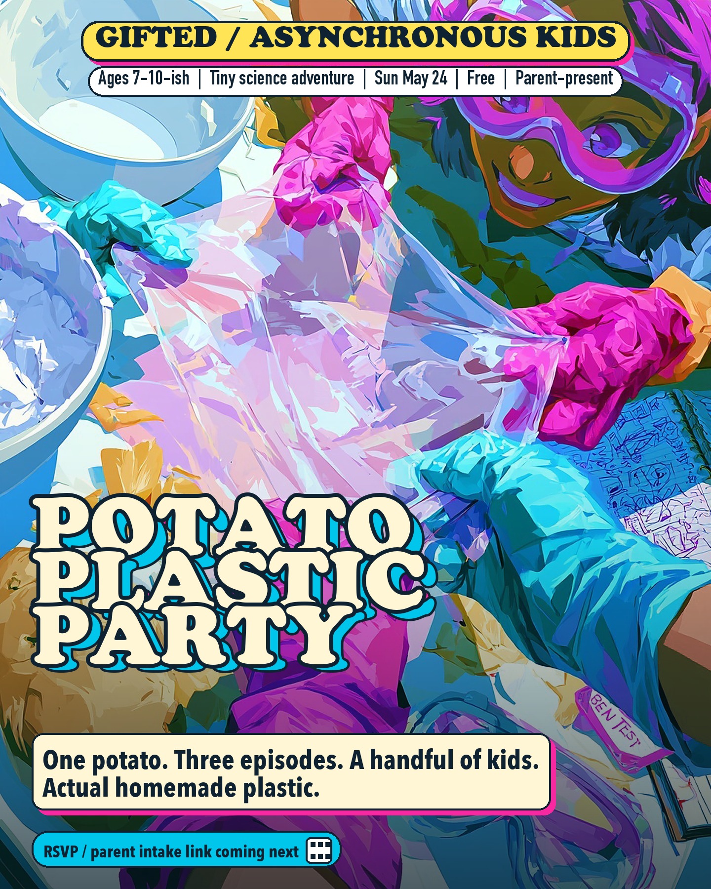 Illustrated kids' hands stretching homemade potato plastic during a colorful science experiment